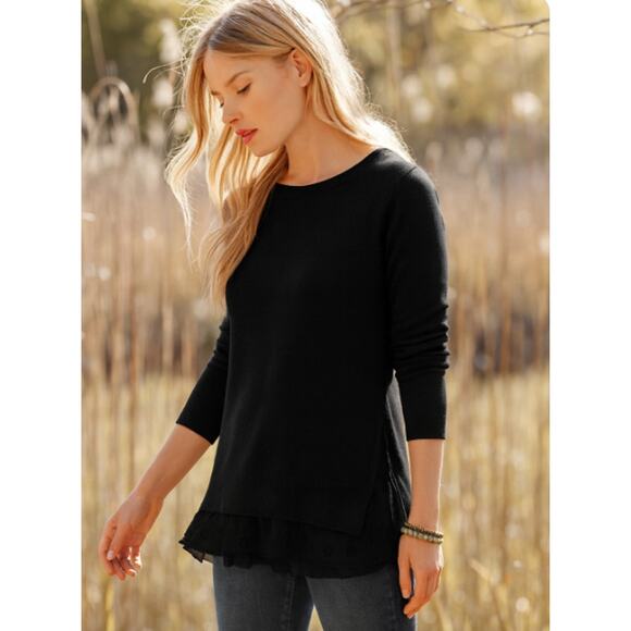 Garnet Hill SZ S Shirttail Cashmere Sweater Silk Lace Hem Trim Black - Picture 1 of 5